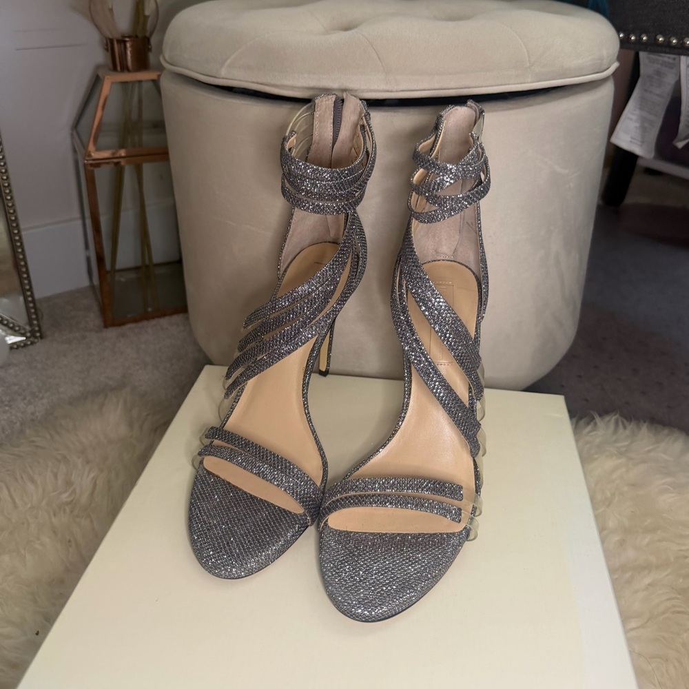 Imagine by Vince Camuto Clear Sparkly Silver Strappy Heels